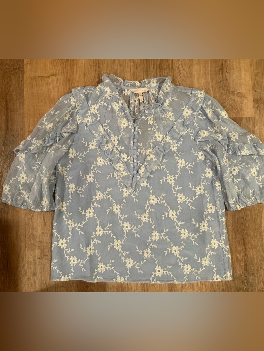 Rebecca Taylor Light Blue Floral Embroidered Ruffle Blouse